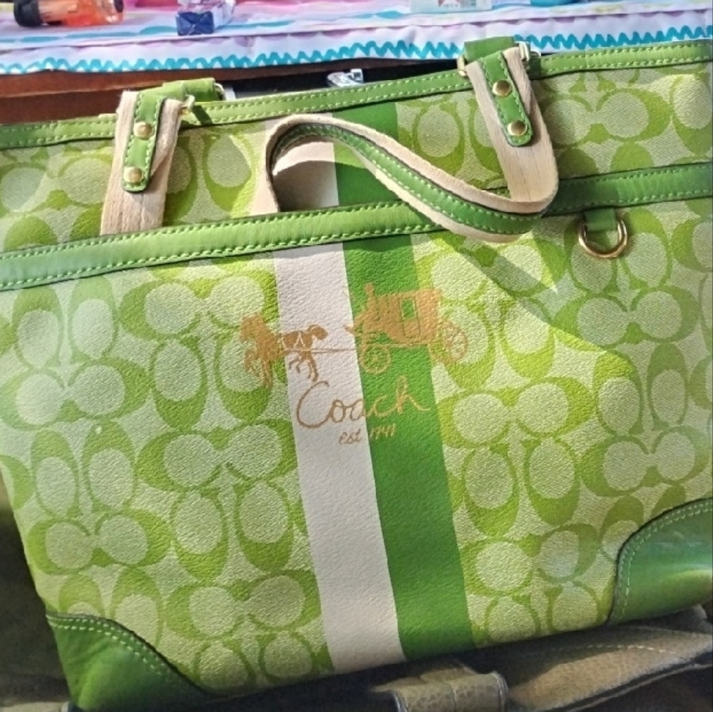 Coach Green and Cream Signature Tote